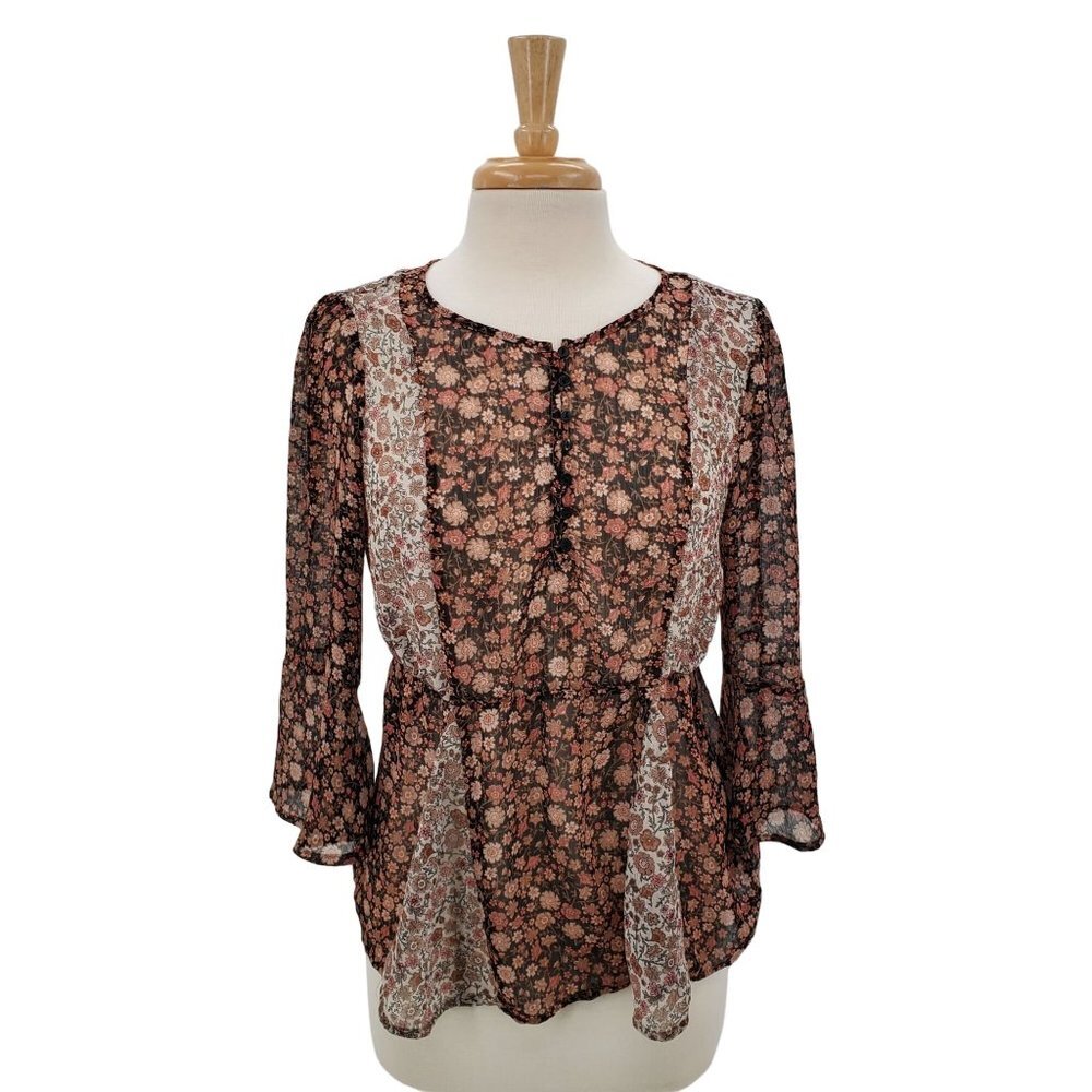 Maurices Womens Bell Sleeve Blouse Top Size‎ M Sheer Button Pink Black Boho
